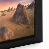 Extra large framed canvas featuring a textured portrayal of the Perth skyline in black with colorful accents.