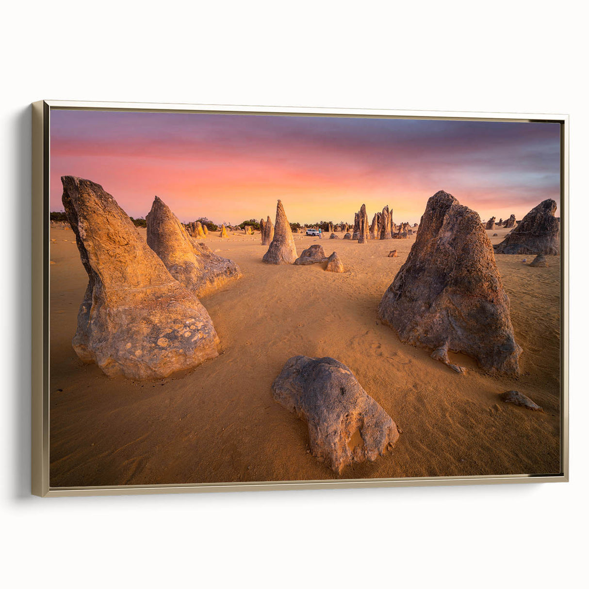 Framed canvas of a vintage-style Perth landscape painting with colorful art and black accents, ideal for living room decor.