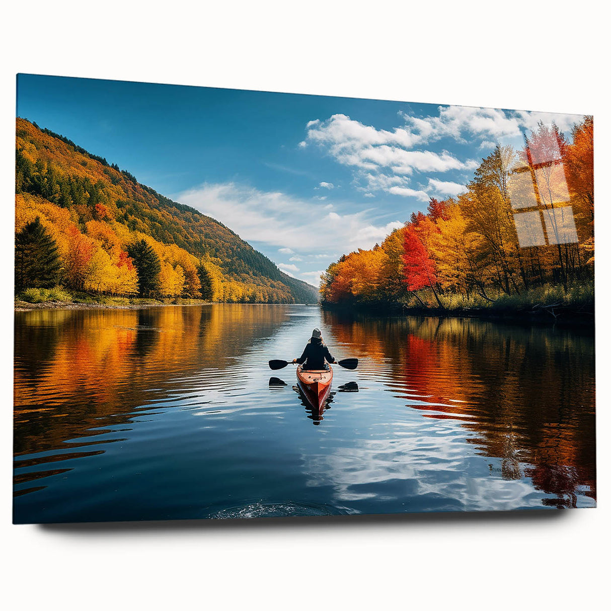 Large abstract wall art of Quebec scenery in muted blues and greens on acrylic glass, ideal for bedroom or dining room decor.