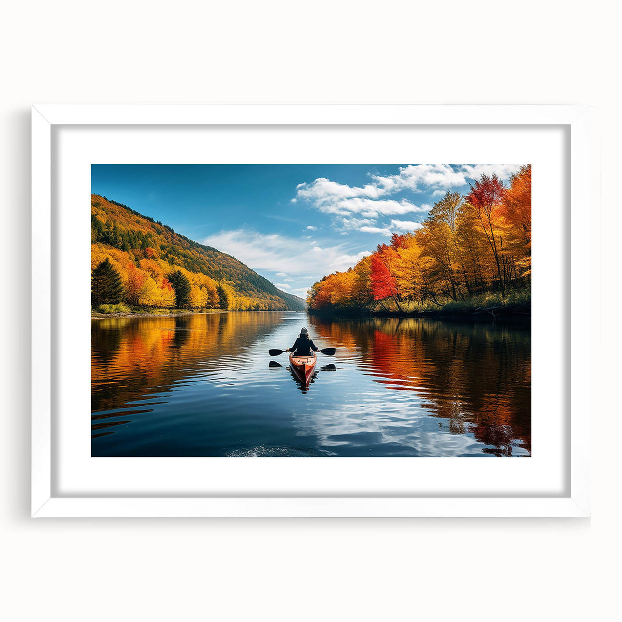 Abstract art print of Quebec scenery in muted earth tones, framed with a white mat, suitable for dining room decor.