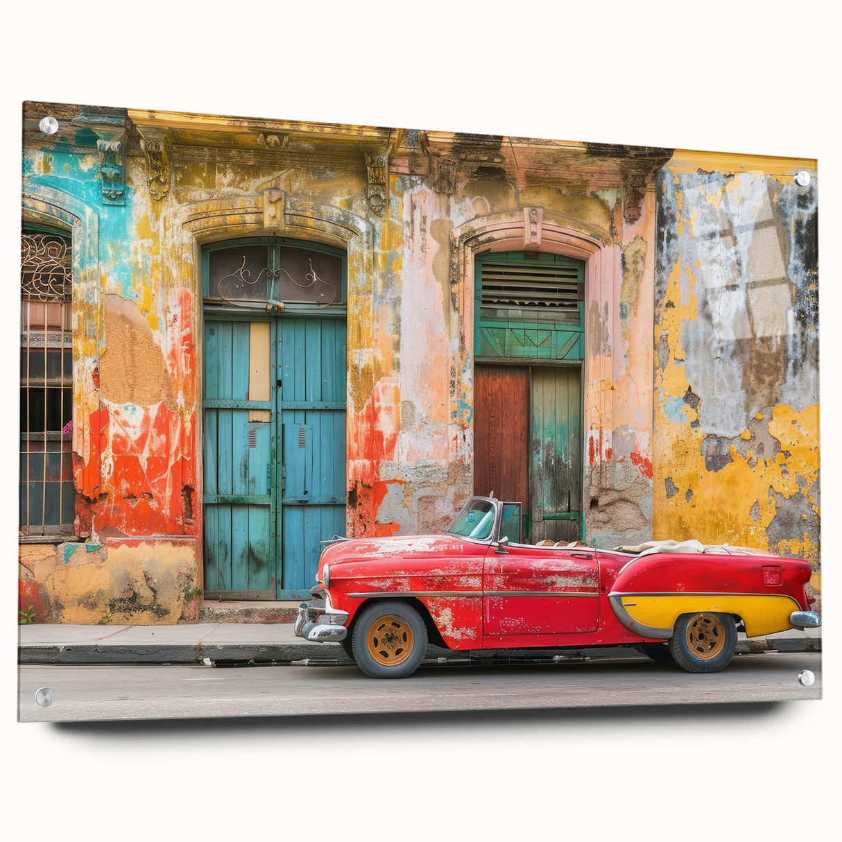 Acrylic print of a Caribbean scenery with vibrant blue and green tones, ideal for dining room decor.