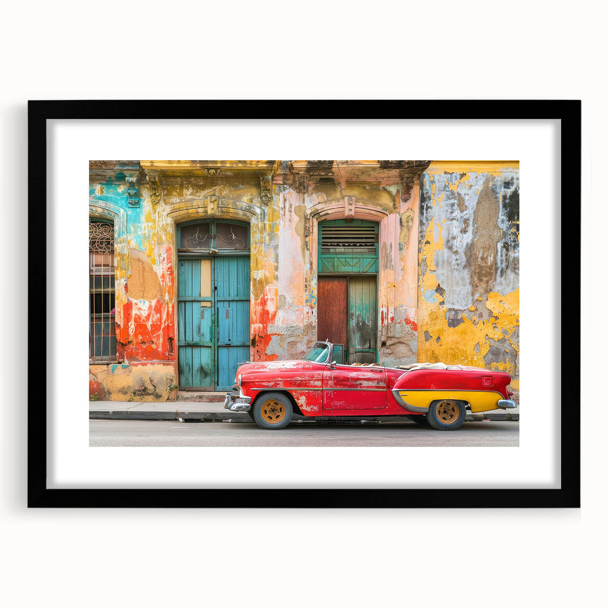 Colorful abstract art print of Caribbean scenery on textured canvas, framed in black, ideal for living room decor.