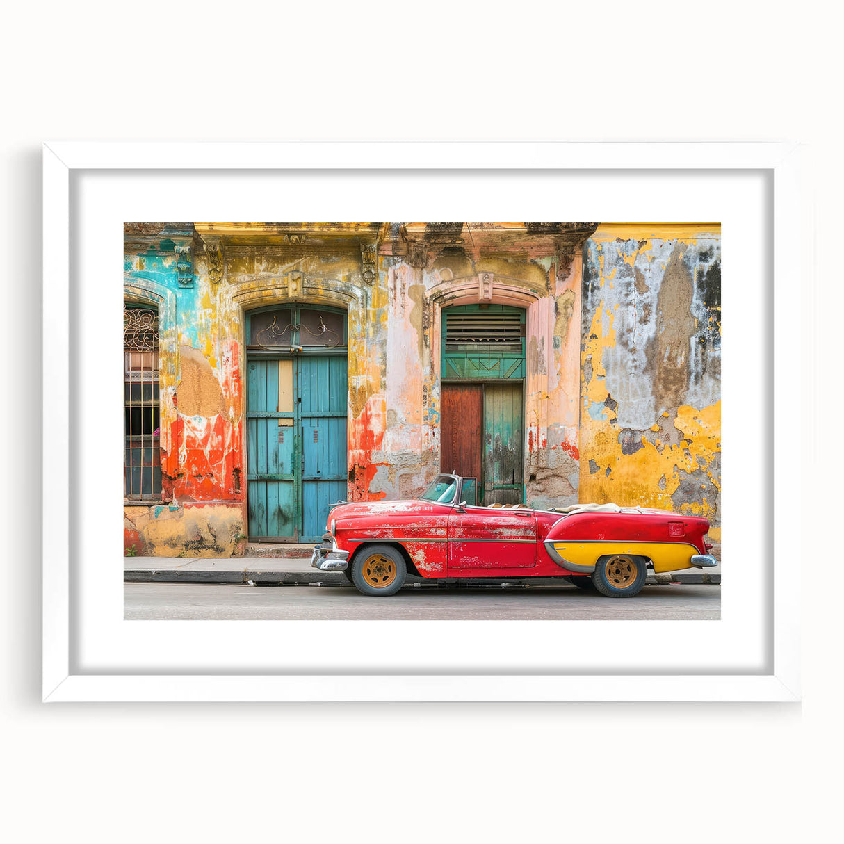 Textured abstract art print depicting a Caribbean scene in muted blues and greens on a framed white mat.
