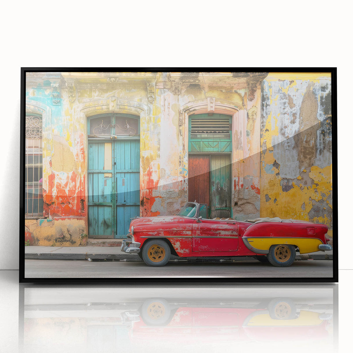 Large abstract wall art depicting a Caribbean scene in vibrant blues and greens, framed in black acrylic.