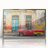 Large art print of a Caribbean Cuba scenery in silver framed acrylic, featuring mid-century modernist style.
