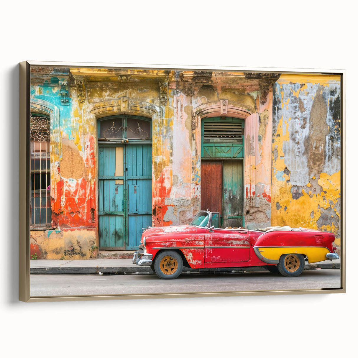 Framed canvas depicting a vintage-style Cuban landscape in muted gold and black tones, ideal for bedroom wall decor.
