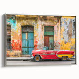 Landscape art painting of a vintage Cuban scenery in vibrant colors on a framed canvas, ideal for living room decor.