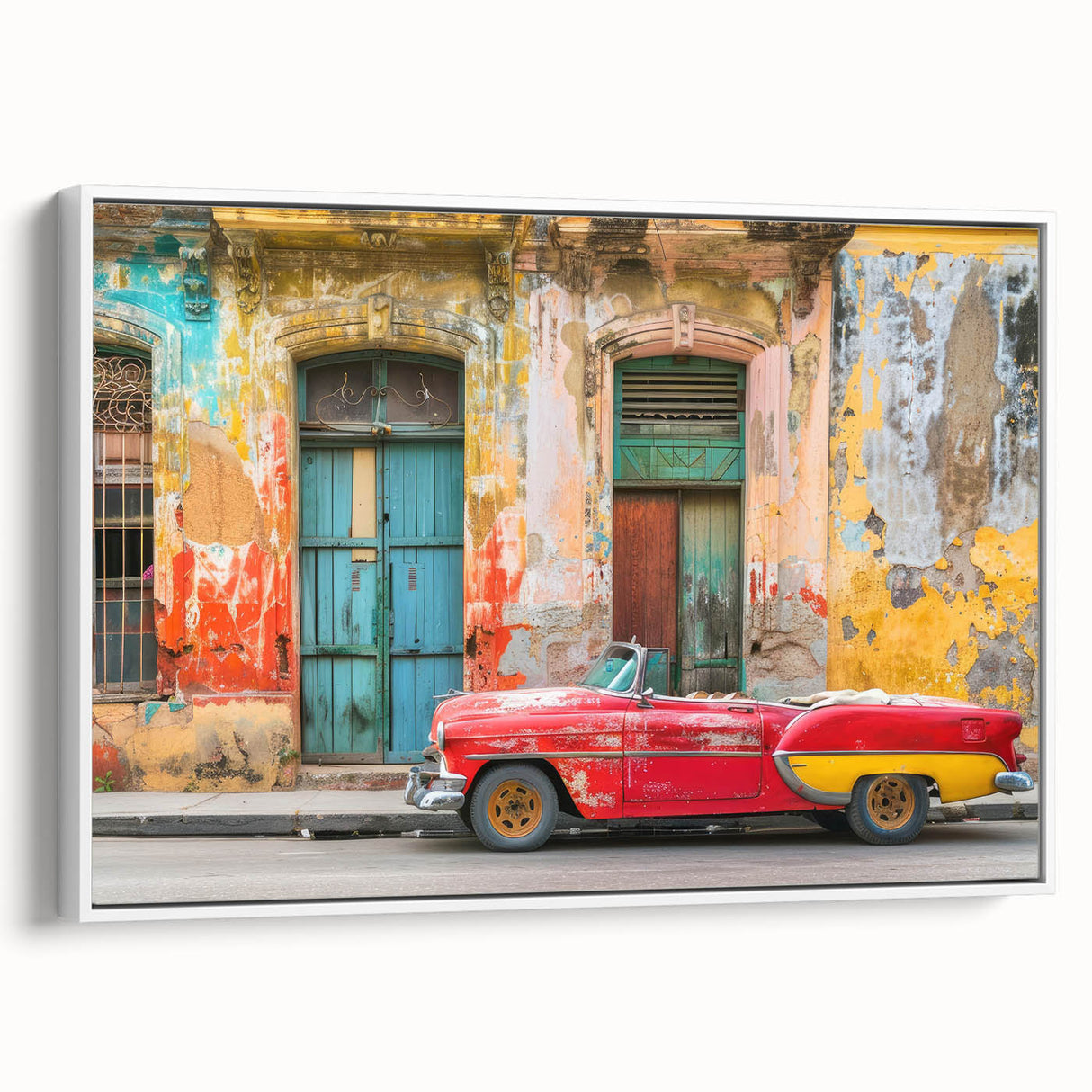 Vintage poster art of a colorful Caribbean Cuba scene on a large framed canvas, ideal for living room decor.
