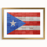 Abstract art print of a Caribbean scenery in muted blue and green tones, framed with a gold mat.