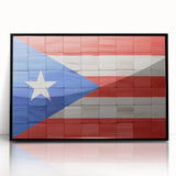 Large abstract wall art of a Caribbean Puerto Rican scenery in muted earth tones, framed in black acrylic.