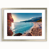 Extra large abstract art print featuring textured scenery of Albania in muted earth tones on a framed silver canvas.