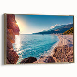 Vintage poster art of Albanian landscape on framed canvas, with muted earth tones, ideal for bedroom wall decor.