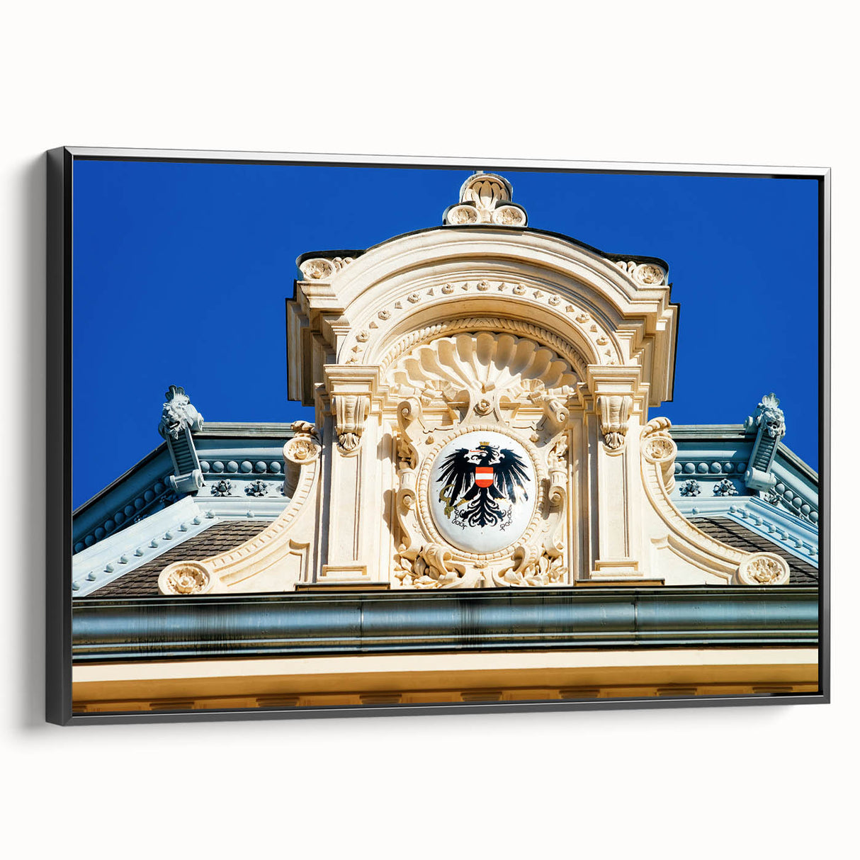 Black and white framed canvas of a vintage Austrian landscape, ideal for bedroom decor.