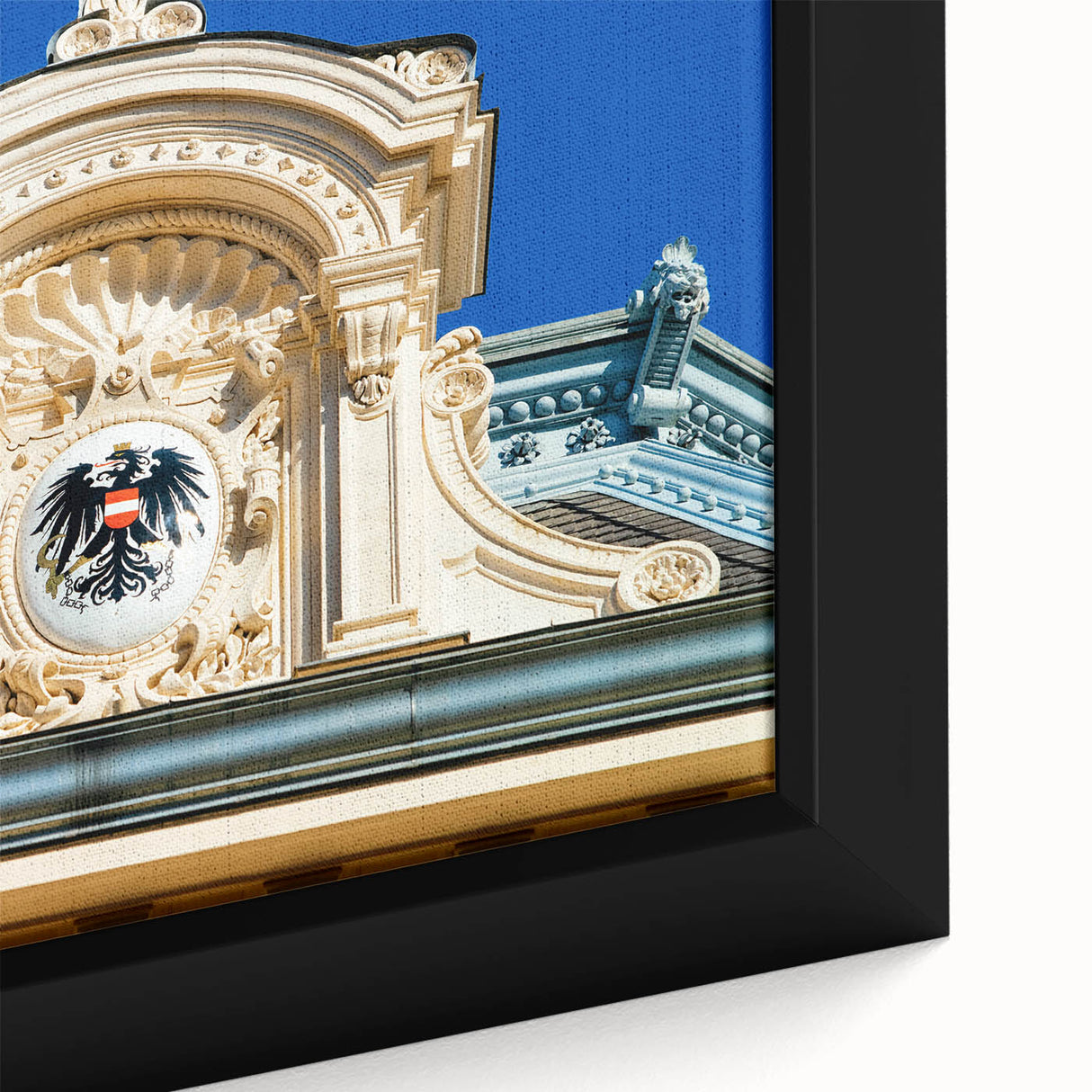 Black wall art featuring a textured, colorful Austrian landscape on a framed canvas, ideal for living room decor.