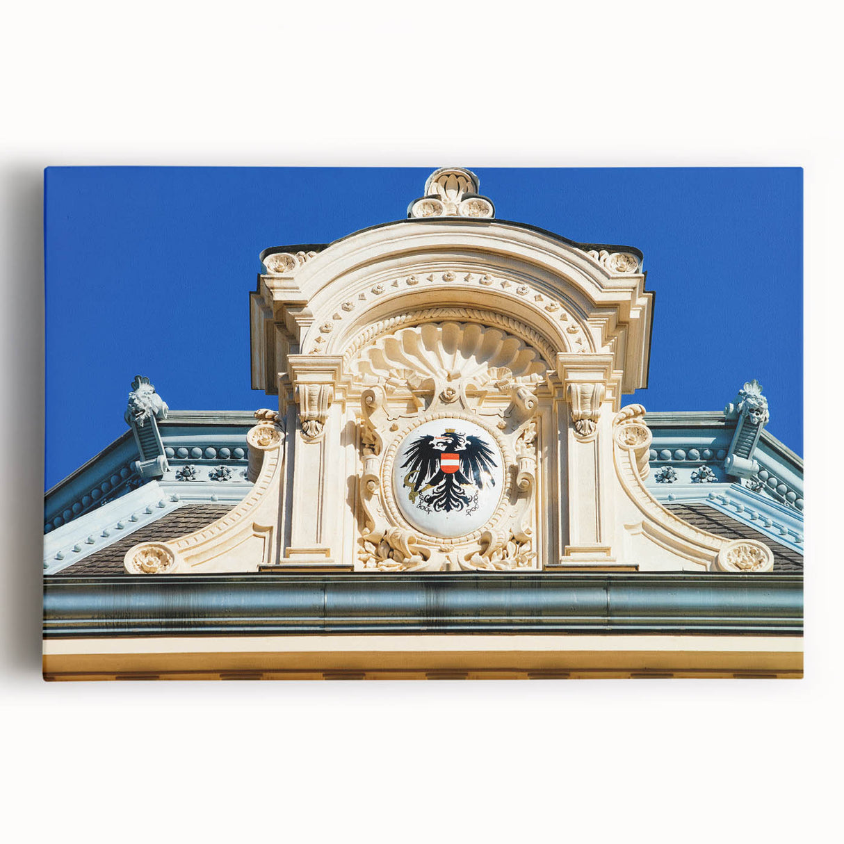 Black and white photo of European landscape on stretched canvas, ideal for kitchen wall art.