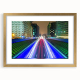 Abstract art print of a European scenery in muted gold and green tones, framed with a gold mat, ideal for dining room decor.