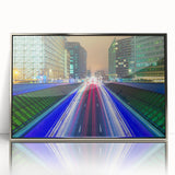 Large art print of a European scenery in Belgium, depicted in mid-century modernist style on a silver-framed acrylic.