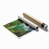 Rolled print of a Bulgarian landscape with soft floral foreground in muted earth tones, ideal for classy bathroom wall art.