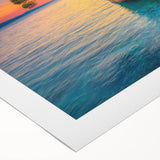 Art deco poster of a Croatian coastal town in muted blue and cream hues on rolled canvas, suitable for dining room wall art.