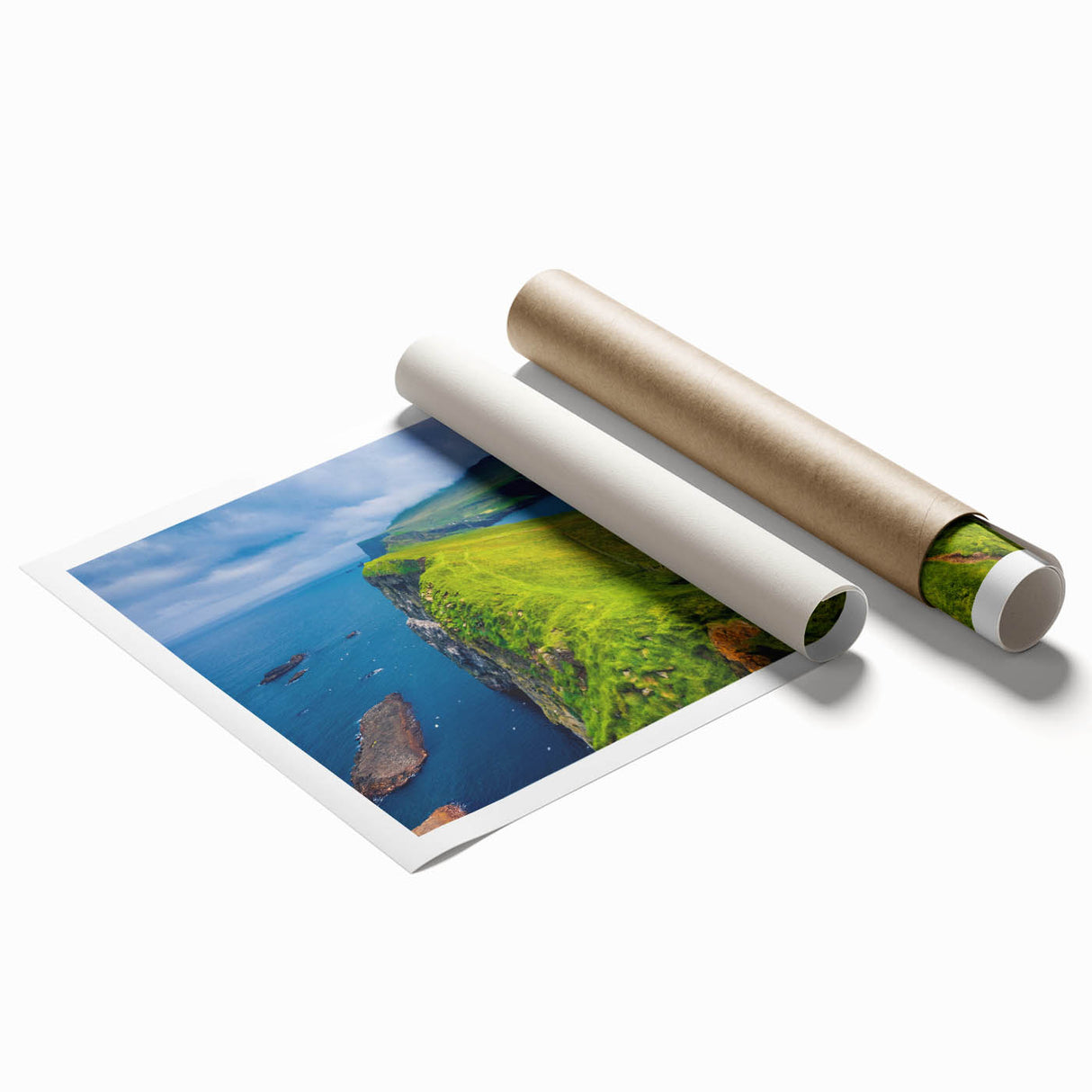 Extra large rolled print depicting vibrant floral art set against a Danish scenery backdrop.