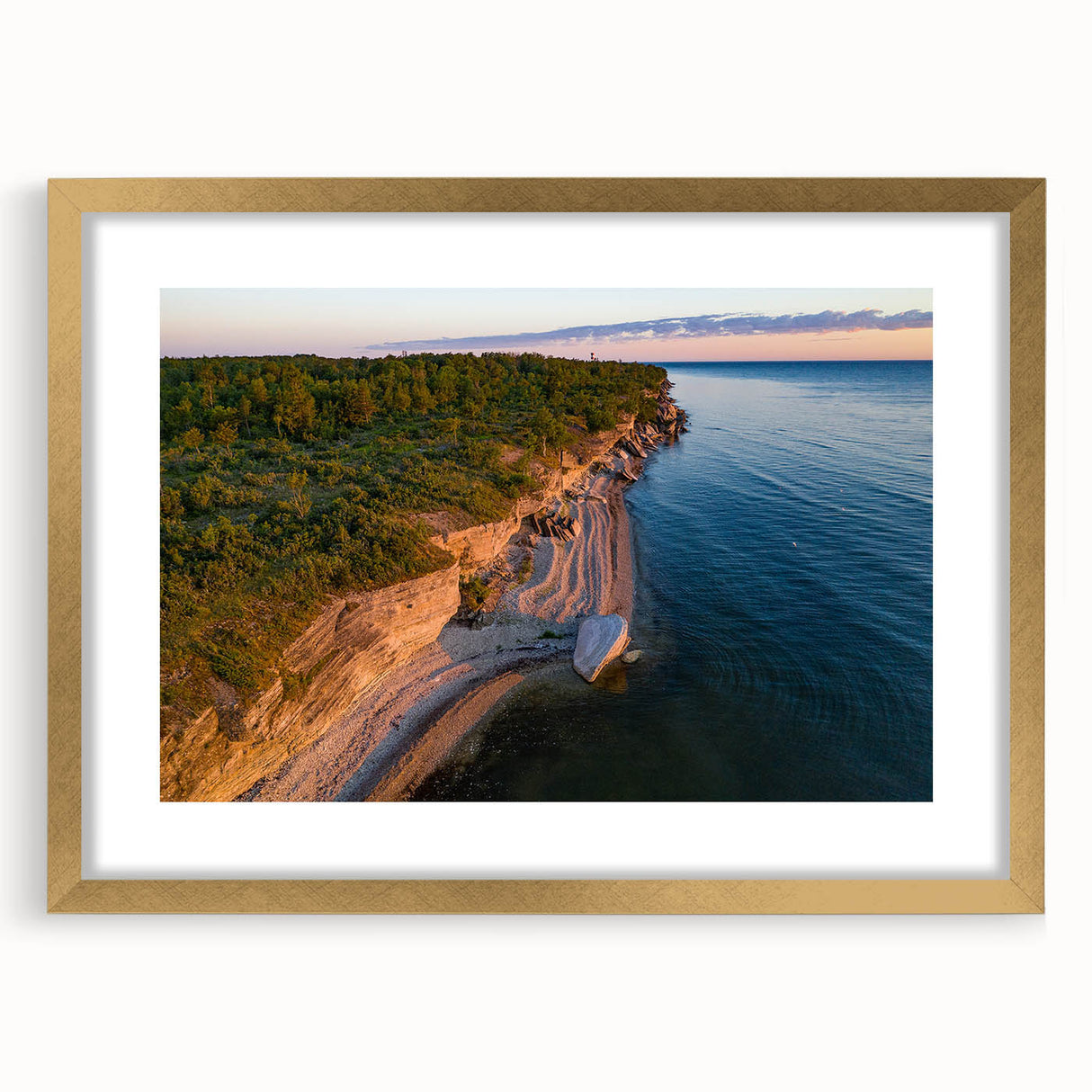 Abstract art print of a European landscape in muted earth tones, framed in gold, suitable for dining room decor.