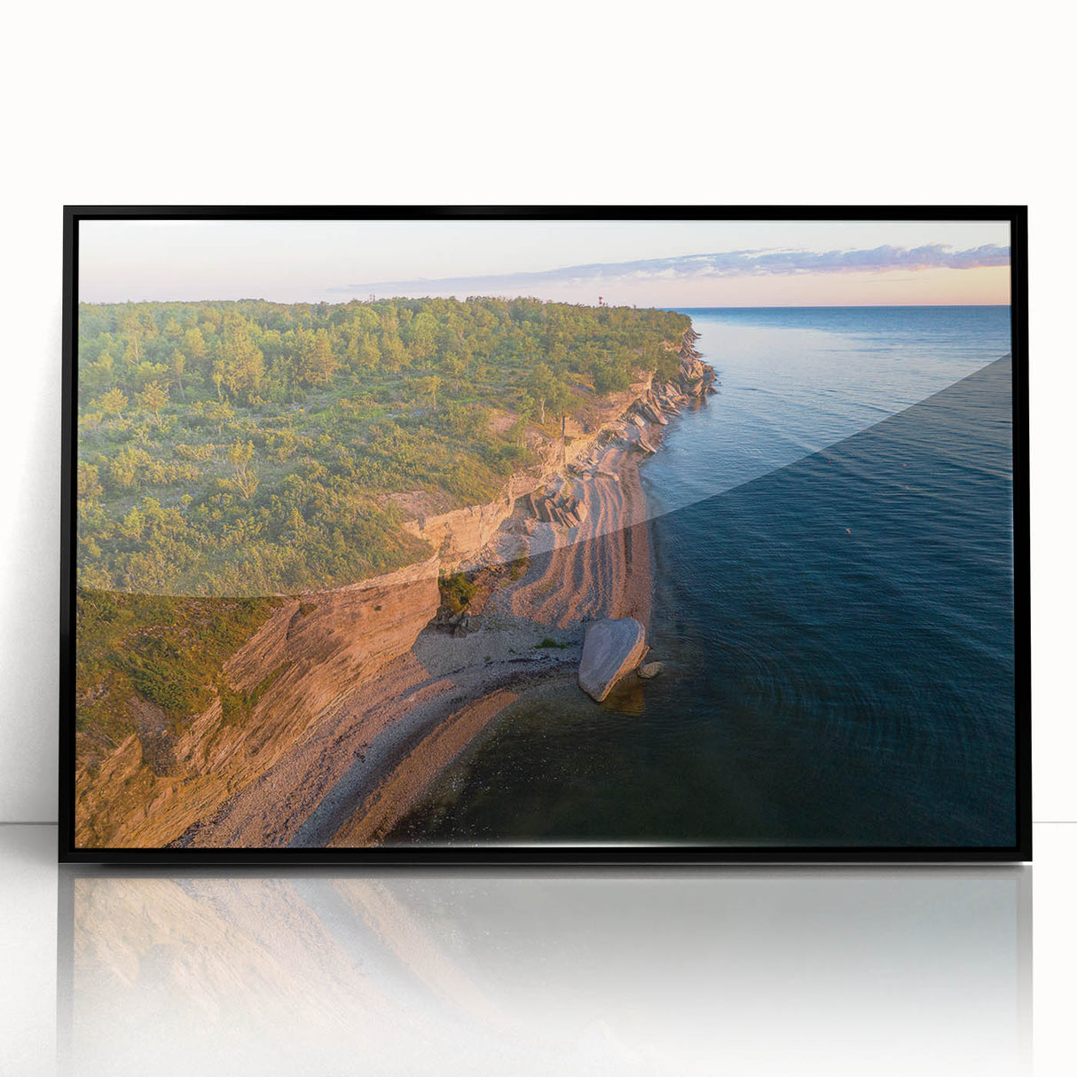 Large abstract wall art depicting a European Estonian scenery in mid-century modernist style, framed in black acrylic.