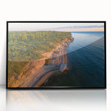 Large abstract wall art depicting a European Estonian scenery in mid-century modernist style, framed in black acrylic.