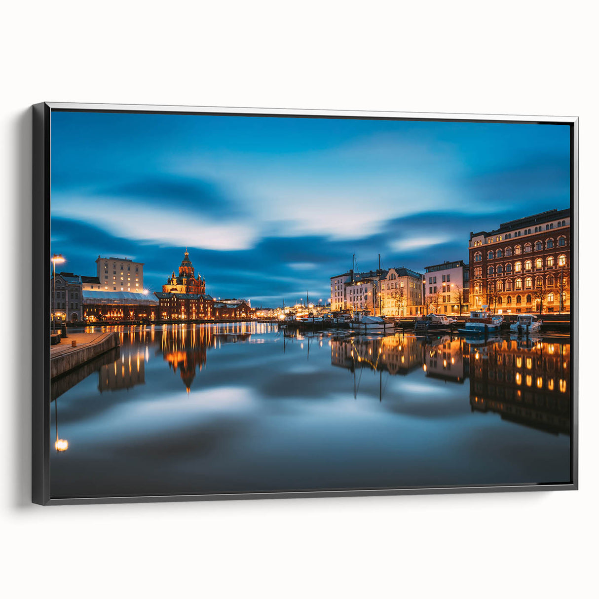 Black and white framed canvas of a Finnish landscape, featuring vintage poster art style, ideal for bedroom decor.