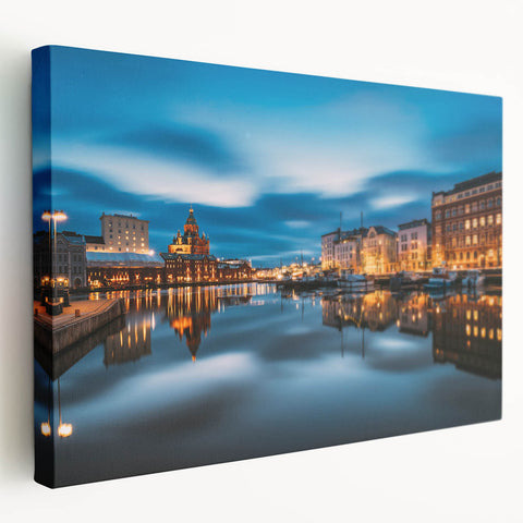 A serene Finnish landscape on large stretched canvas, featuring cool blue and green tones, suitable for kitchen wall art.