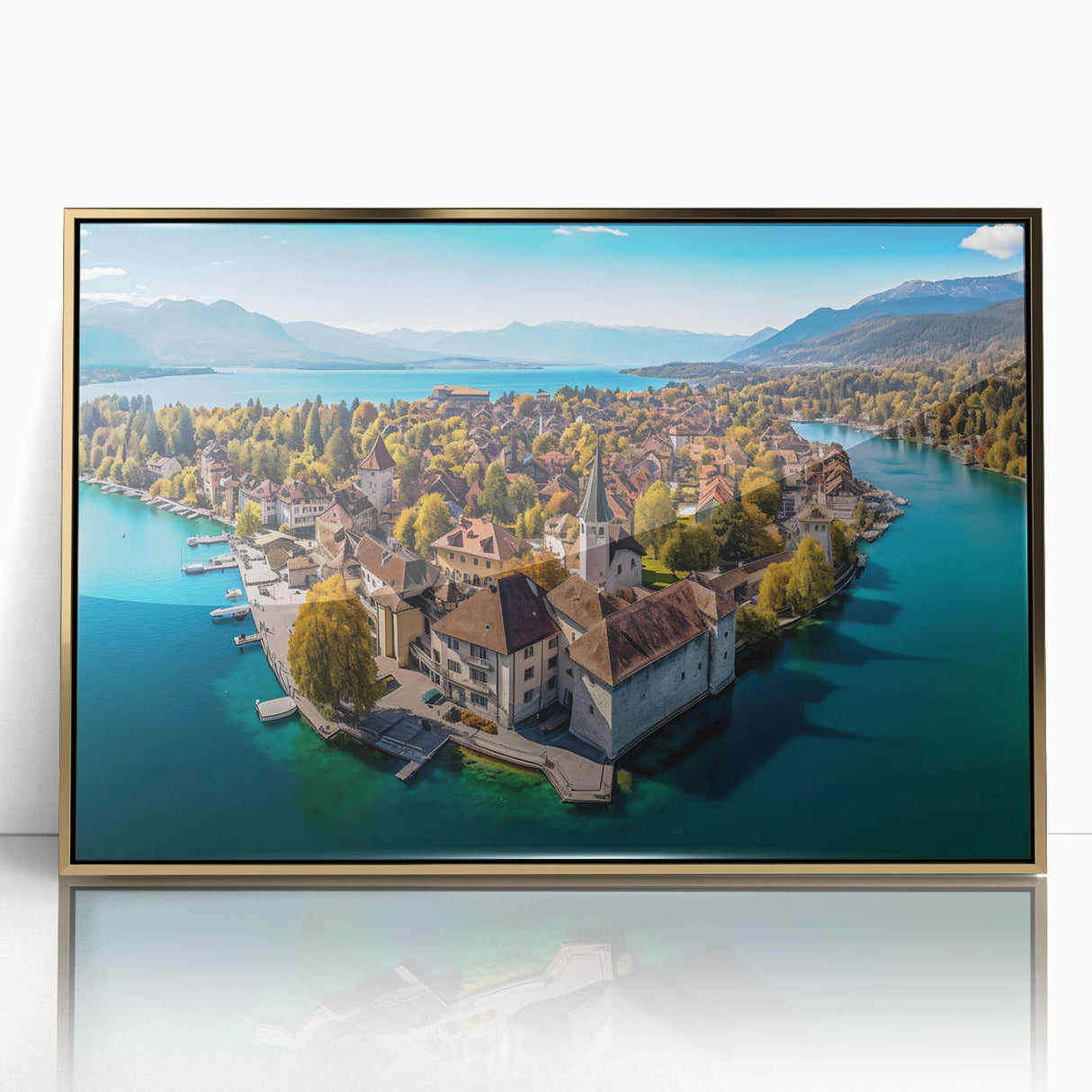 Acrylic print of the French Alps in gold frame, featuring muted earth tones, ideal for modern art wall decor.