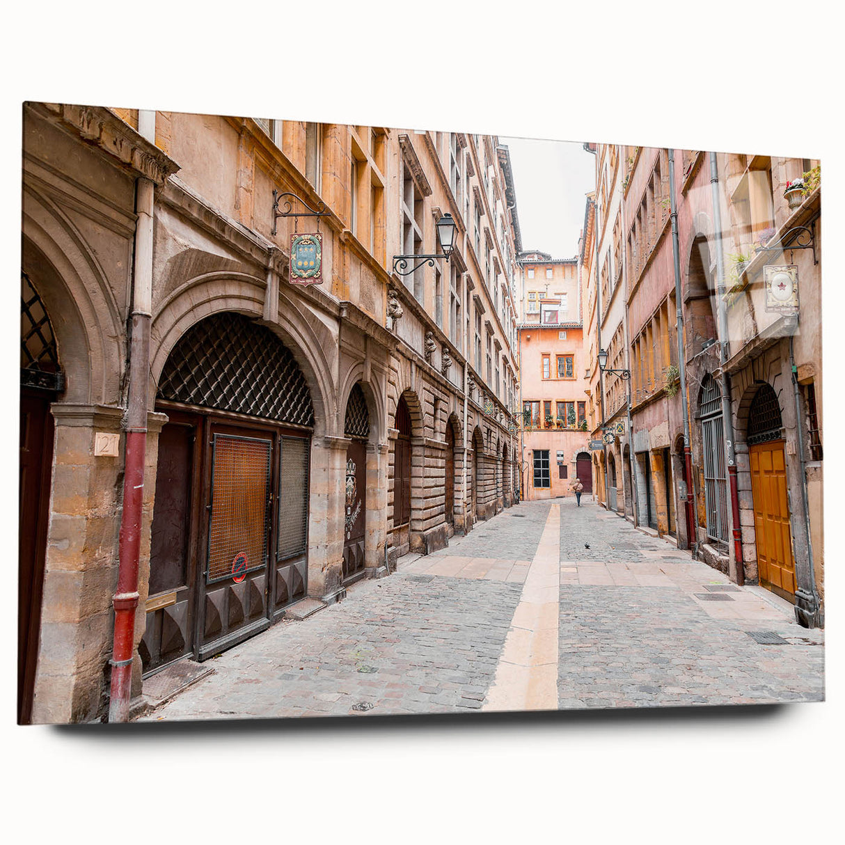 Large abstract wall art of Lyon, France in muted gray and blue tones on acrylic glass.