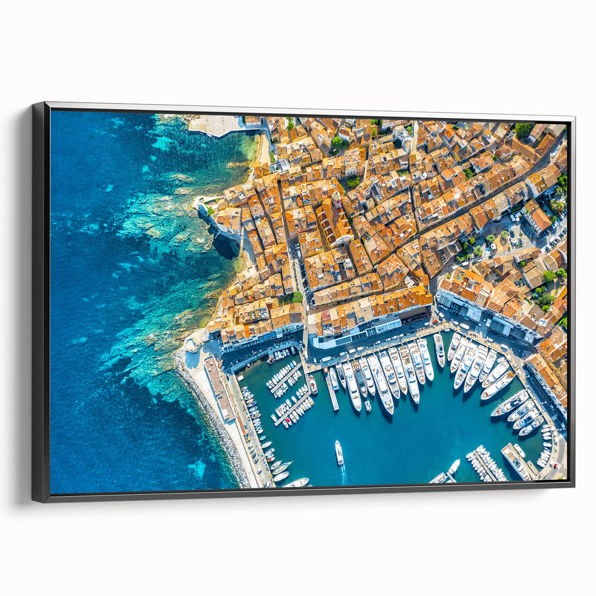 Black and white landscape art painting of Provence, France on framed canvas, ideal for bedroom wall decor.