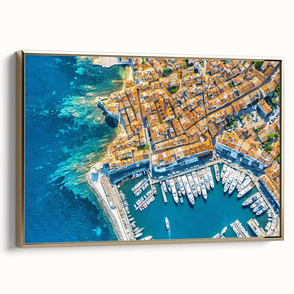 Framed canvas of a vintage-style Provence landscape with muted earth tones, ideal for bedroom wall art.