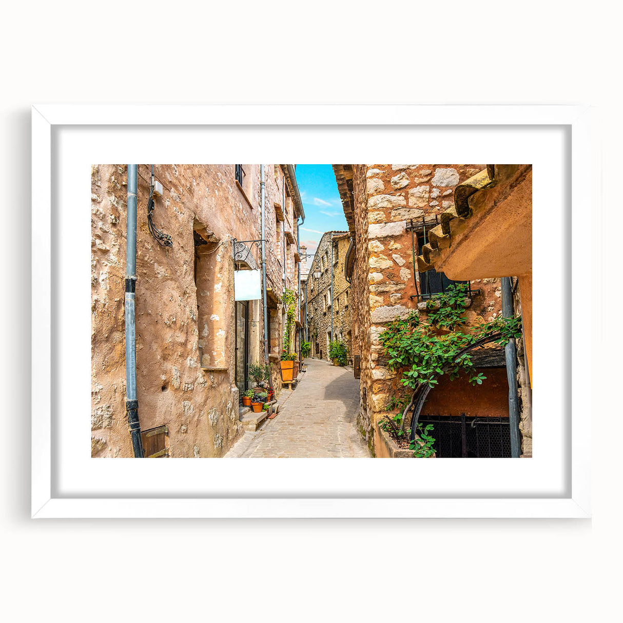 Textured art print of an abstract French southern landscape in muted earth tones, framed with a white mat.