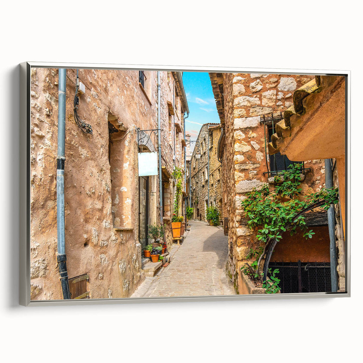 Landscape art painting of a vintage French scenery in muted colors on a framed canvas, ideal for living room decor.
