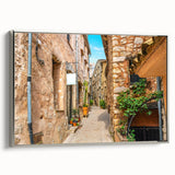 Landscape art painting of a vintage French scenery in muted colors on a framed canvas, ideal for living room decor.