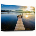 Acrylic glass print of a serene Bavarian landscape in muted green and blue tones, suitable for bedroom or dining room decor.