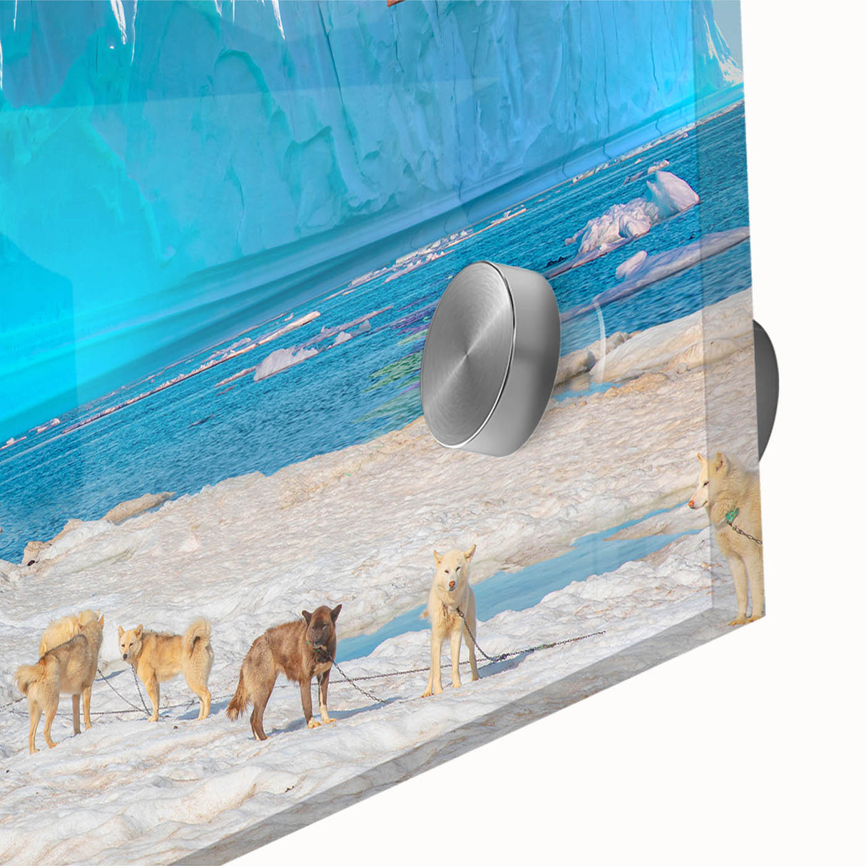 Large abstract wall art on acrylic glass featuring muted green and blue tones, ideal for dining room art.
