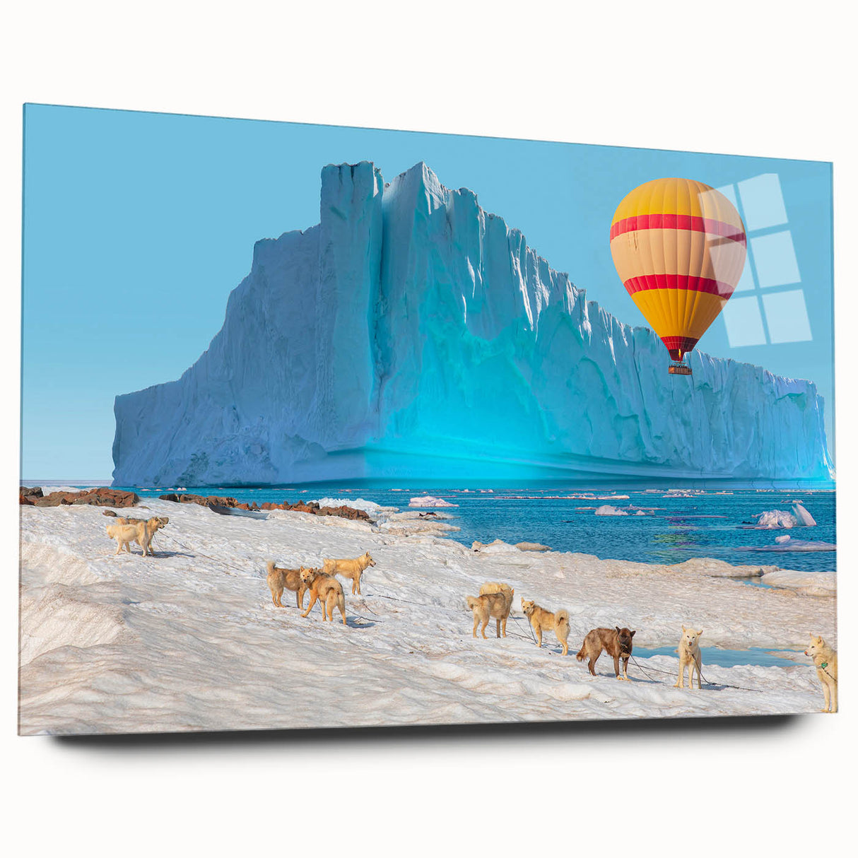 Large abstract wall art of a Greenland landscape in muted green and blue tones on acrylic glass.