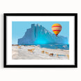 Extra large abstract art print featuring colorful, textured scenery of Greenland in a black frame with mat.