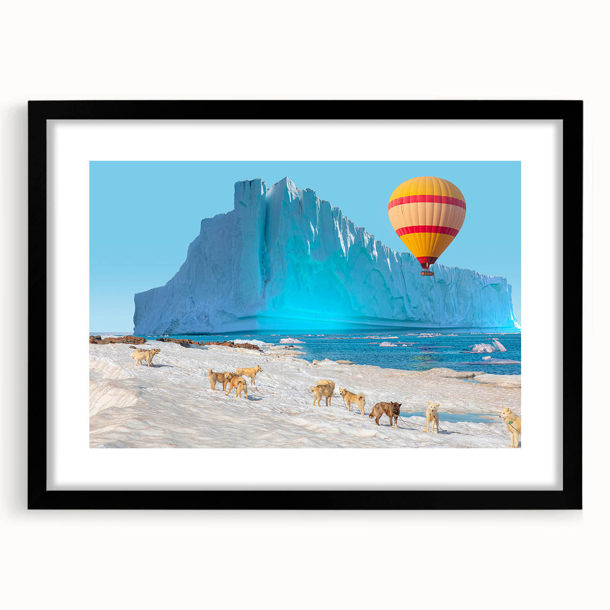 Extra large abstract art print featuring colorful, textured scenery of Greenland in a black frame with mat.