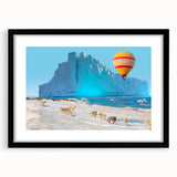 Extra large abstract art print featuring colorful, textured scenery of Greenland in a black frame with mat.