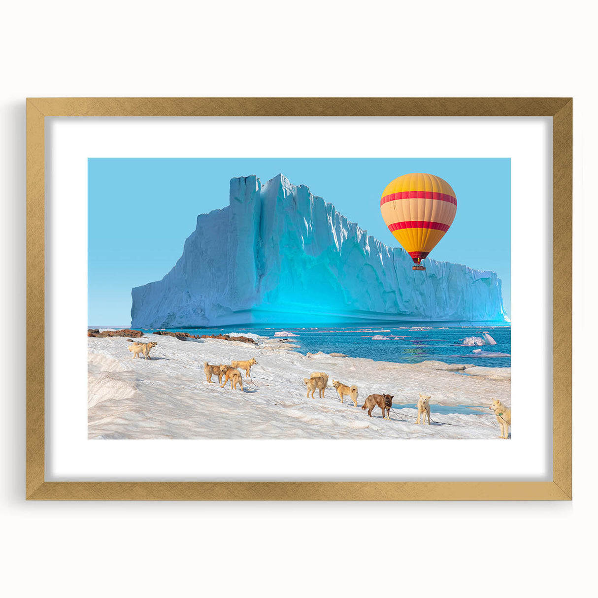Abstract art print of a serene Greenland landscape in soft green and blue tones, framed in gold, ideal for dining room decor.