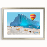 Extra large abstract art print of a textured Greenland scenery in muted green and blue tones, framed in silver.