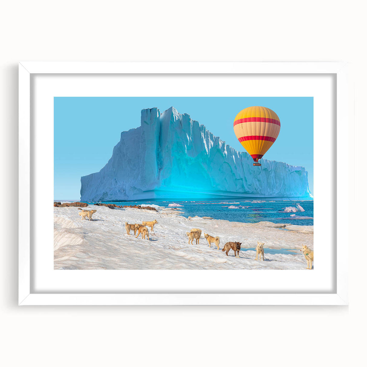 Textured abstract art print depicting a Greenland scenery in muted green and white tones, framed with a white mat.