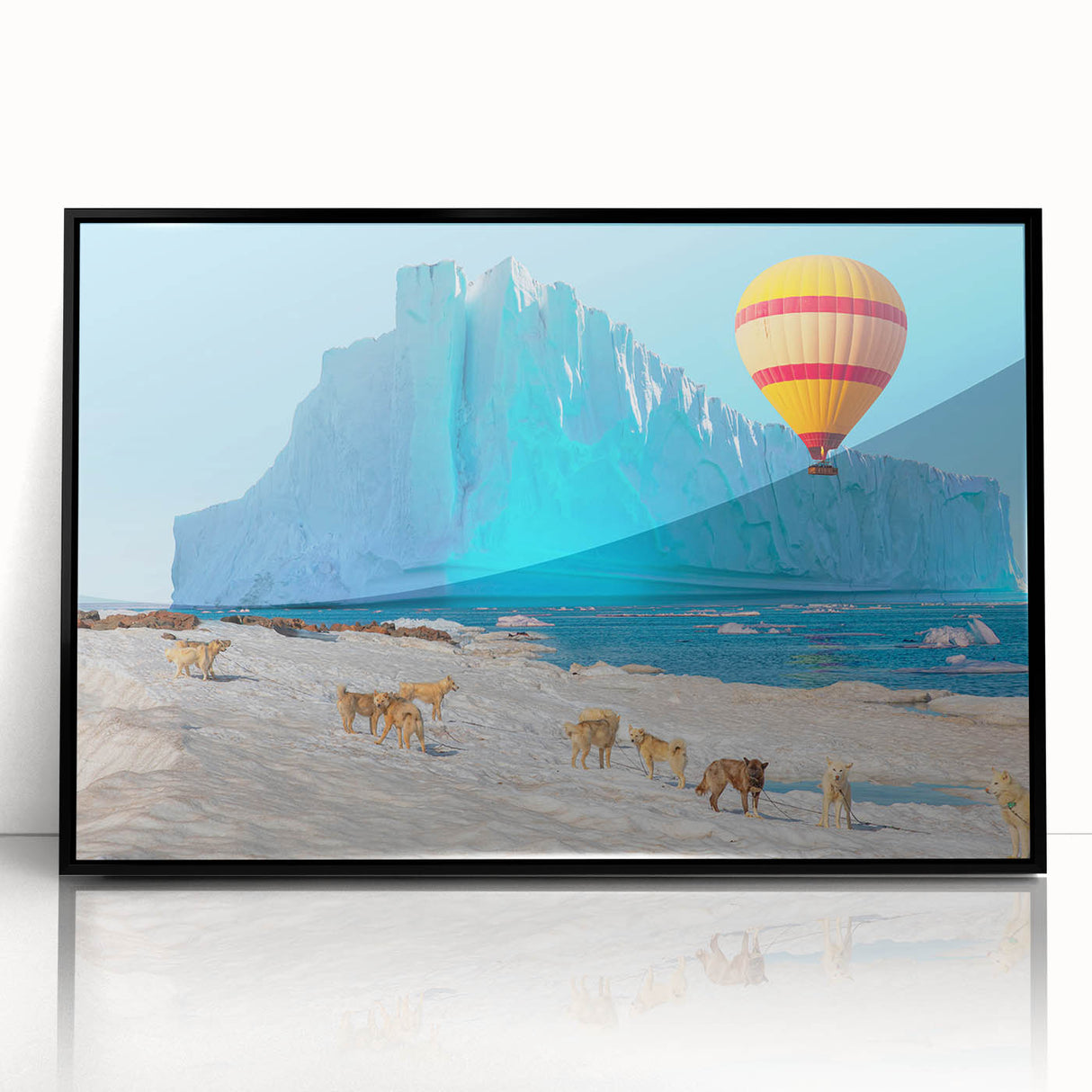 Large abstract wall art depicting a serene Greenland landscape in muted green tones on a framed acrylic.