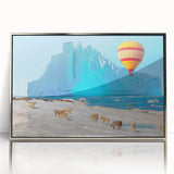 Large acrylic print of a Greenland scenery in muted green and blue tones, framed in silver.