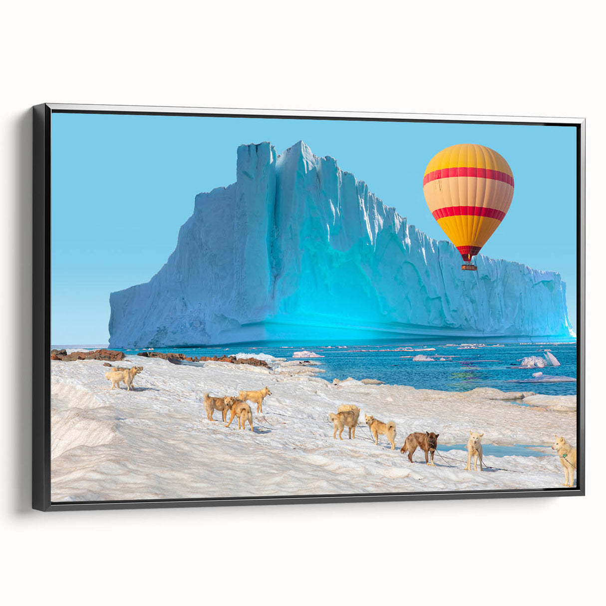 Black and white landscape art painting of Greenland on framed canvas, suitable for bedroom decor.