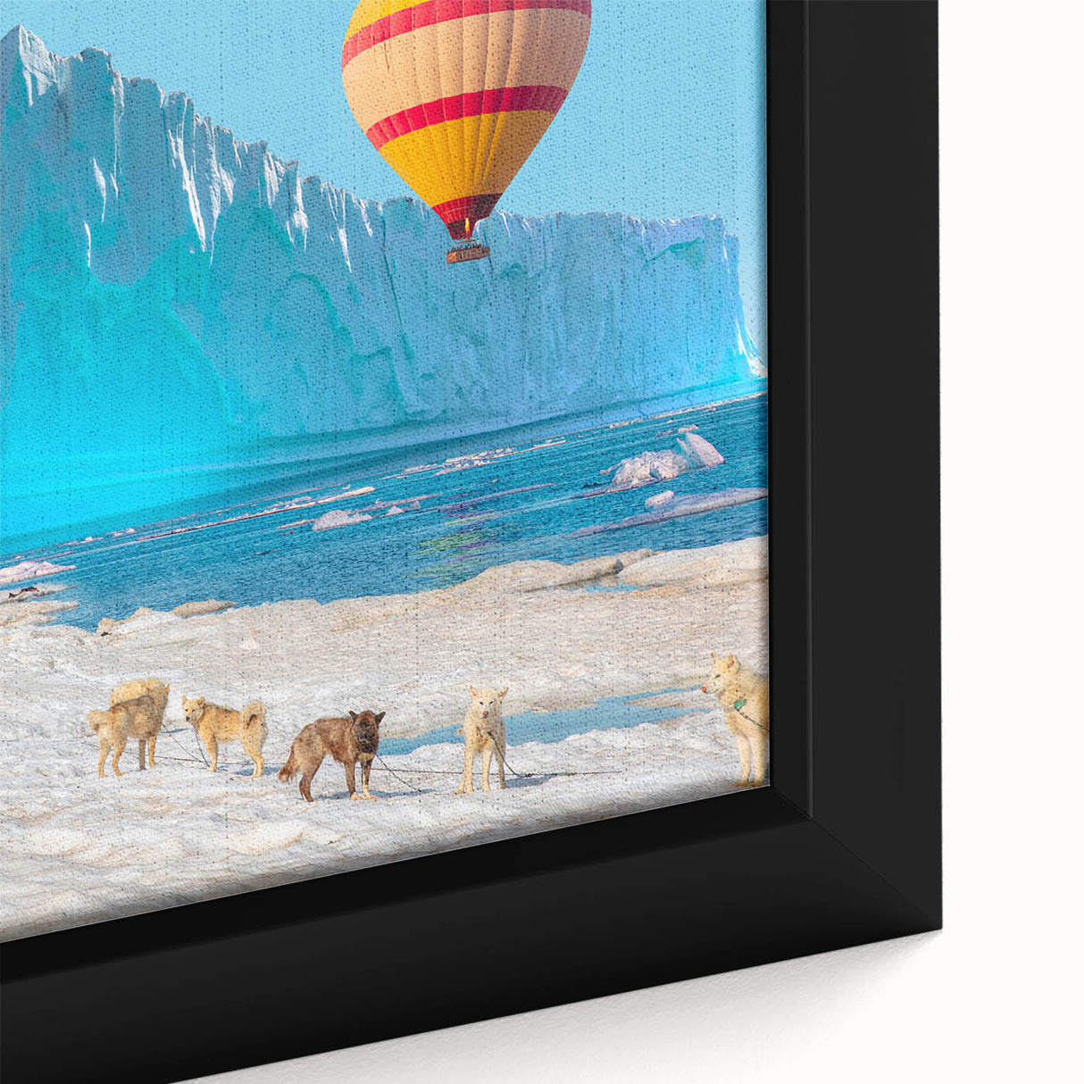 Extra large black wall art featuring a textured Greenland scenery on framed canvas, with colorful art accents.