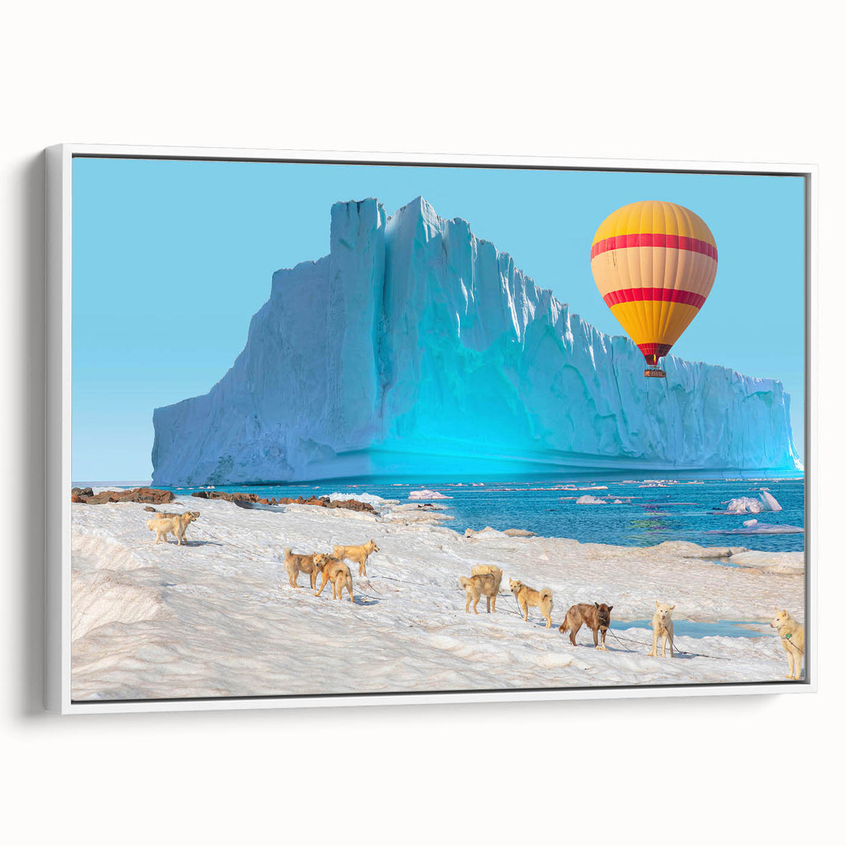 Vintage poster art of a Greenland scenery on framed canvas, featuring a palette of vivid greens and blues.